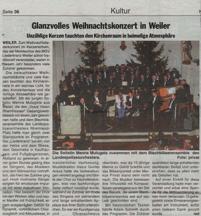 [Presse, 27.12.2006] Glanzvolles Weihnachtskonzert in Weiler