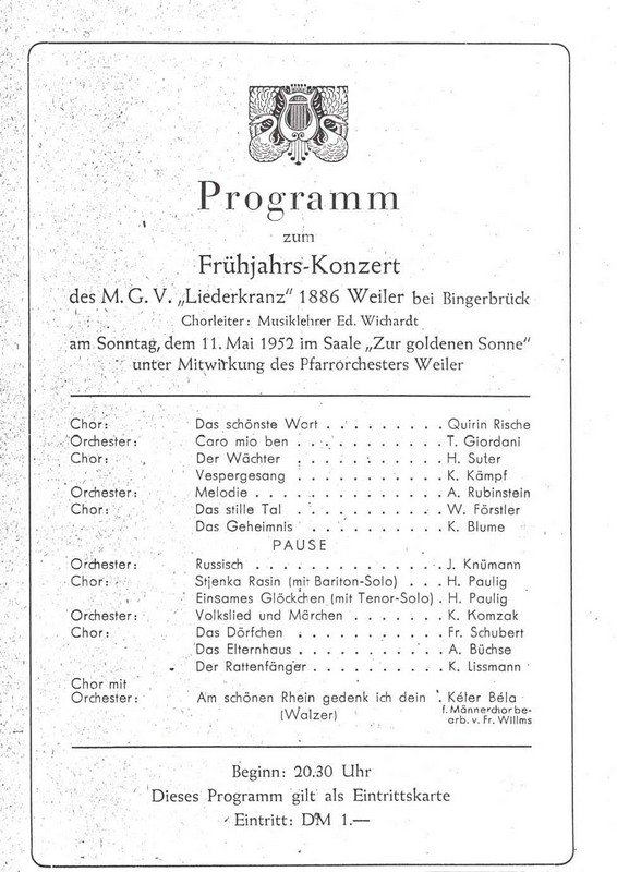 Programm zum Frühjahrskonzert am 11.05.1952