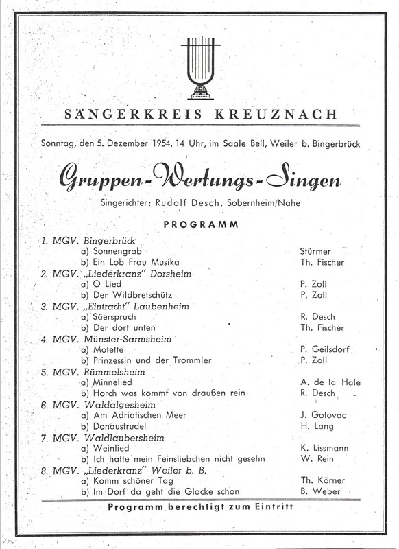Programm Gruppen-Wertungs-Singen (Sängerkreis Kreuznach) 1954