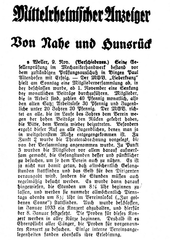 [Presse, 09.11.1932] Mittelrheinischer Anzeiger: Von Nahe und Hunsrück