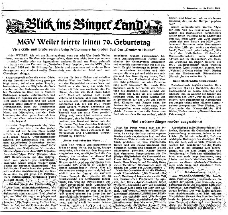 [Presse, 05.06.1956] MGV Weiler feiert seinen 70. Geburtstag