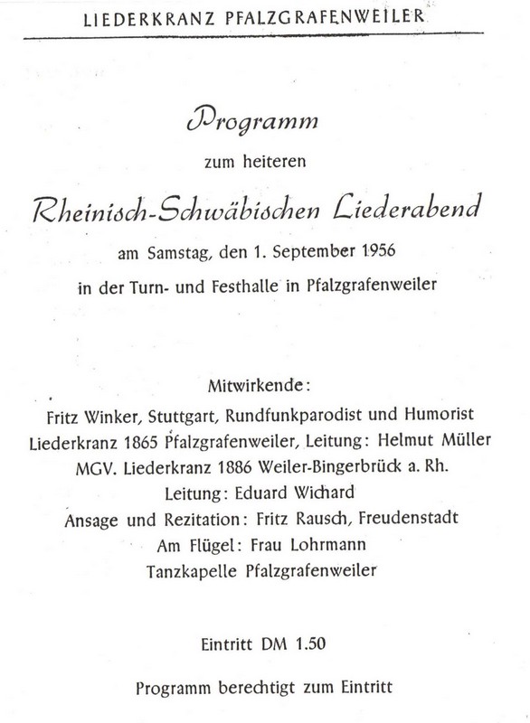 1956 Rheinisch-Schwäbischer Liederabend Pfalzgrafenweiler