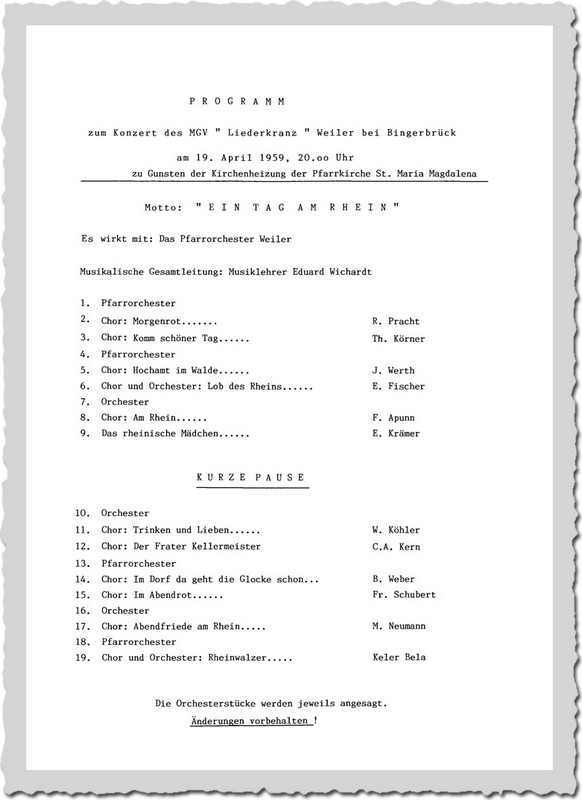 1959 Programm zum Konzert am 19.04.59 zu Gunsten der Kirchenheizung