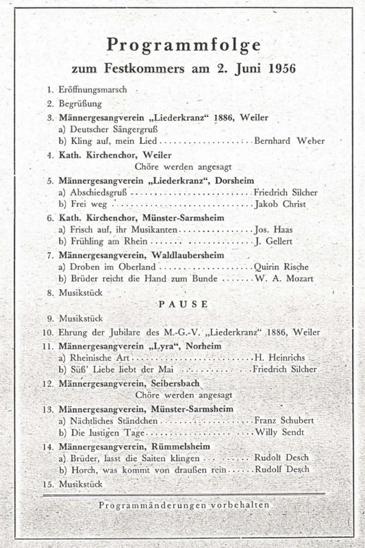 1956 Jubiläum [70 Jahre] - Festkommers am 02.06.1956 - Programm